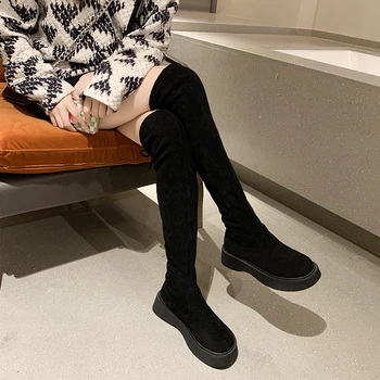 Ботуши над коляното, дамски есен-зима еластични обувки с дебела подметка с ръкави 2022 г., на жените проста дамски обувки на висок ток