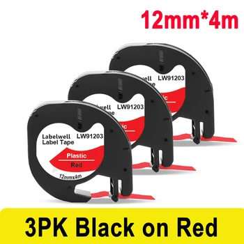 Labelwell 3PK 12 мм LT 91203 Черно и Червено Пластмасови Етикети 91223 91333 Съвместимост за Принтер за Етикети DYMO Letratag LT-100H LT-100Т