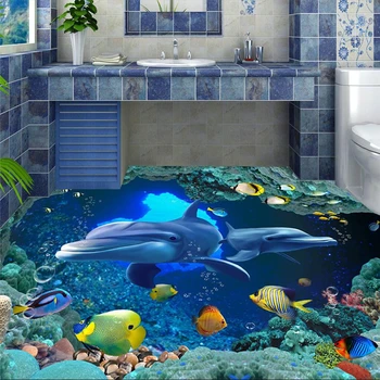 wellyu Потребителски голям стенопис делфин, кит океана самозалепващи 3d тапети, подови настилки, тапети спалня 3d водоустойчив етаж