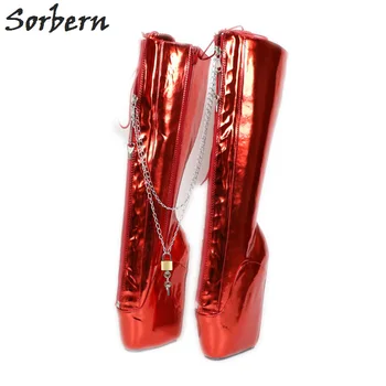 Sorbern/червени дамски Ботуши до средата на прасците цвят металик, балет апартаменти в танкетке, ципове, дантела, ботуши на платформа в готически стил, обувки с изключително Високи токчета, Бдсм
